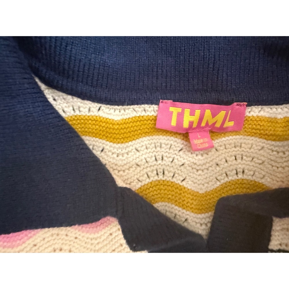 THML Multi Color Wavy Stripe Knit Polo Top Navy Pink Mustard Short Sleeve Large - Picture 2 of 5